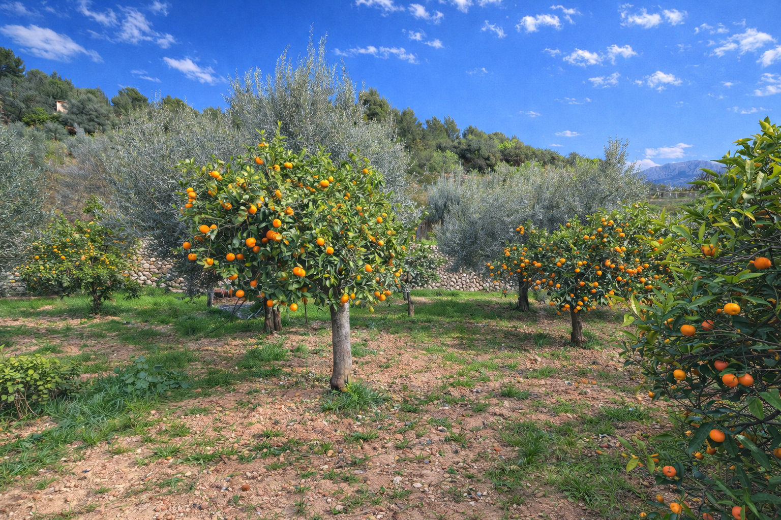 Huerto de naranjos y olivos tradicionales